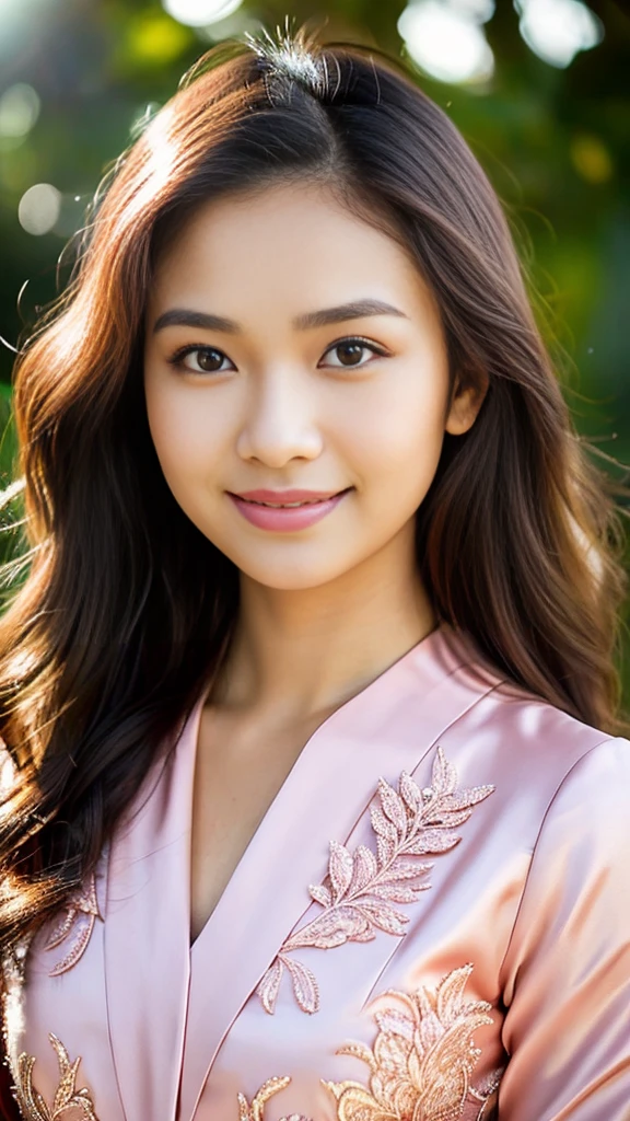 Indonesian girl, 18 years old, (masterpiece), Javanese skin tone, best quality, expressive eyes, perfect face, (ultra realistic), (pink Formal Suit), Smile, Long Black Hair, innocent face, natural wavy hair, brown eyes, High resolution, masterpiece, Best quality, intricate high detail, highly detailed, focus sharp focus, detailed skin, realistic skin texture, texture, detailed eyes, professional, 4K, charming smile, filmed on Canon, 85 mm, shallow depth of field, Kodak Vision Color, perfect fit body, Extremely detailed, photograph_\(ultra\ ), photoreallistic, Realstic, Post-processing, Maximum details, roughness, real life, ultra realist, photorealism, photography, 8K UHD, photography