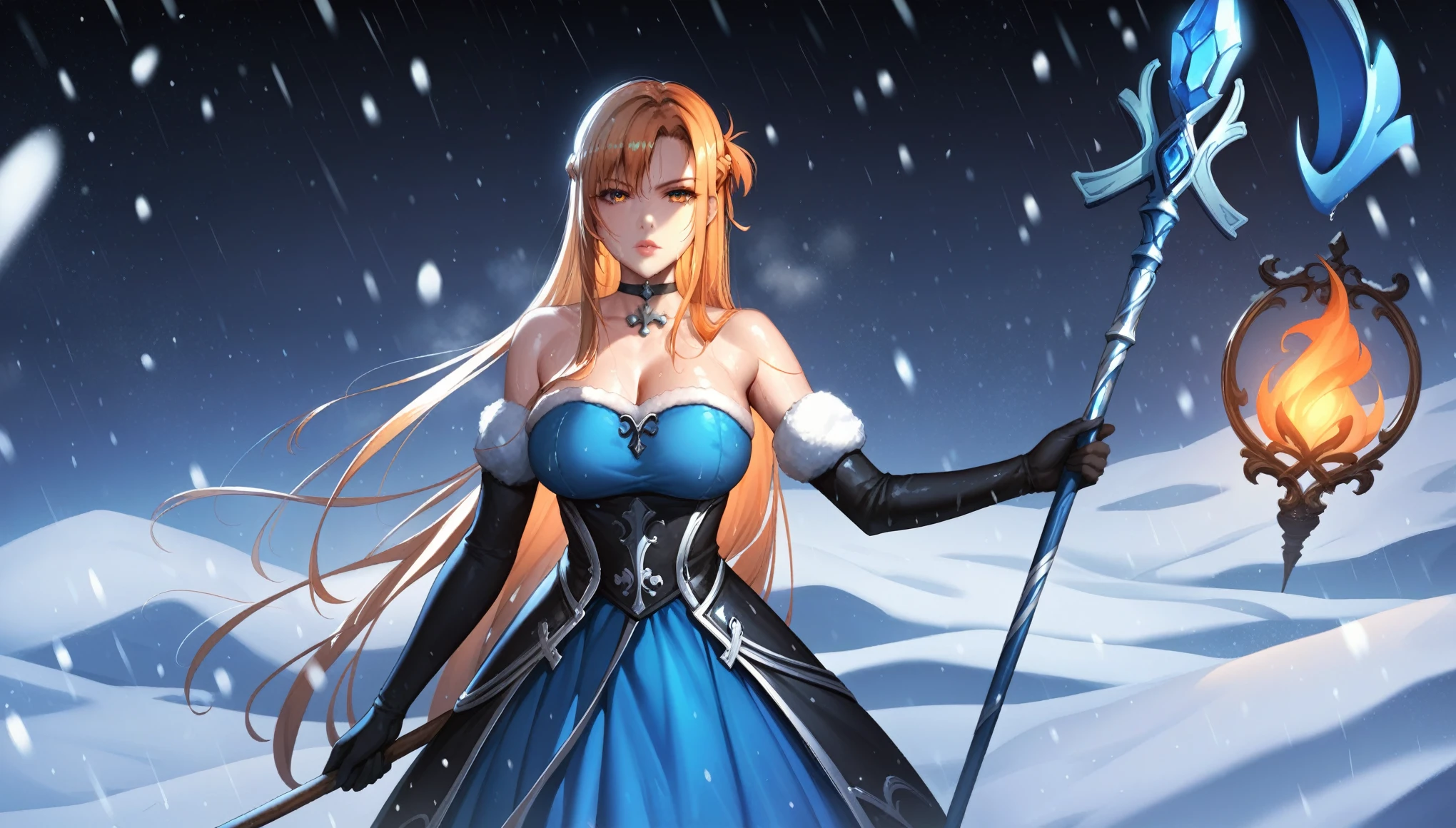 score_9, score_8_up, score_7_up, score_6_up, uncensored, Yuuki Asuna, absurdly long hair, orange eyes, orange hair, very long hair, lips, shiny skin, sweating, wet, wet hair, steaming body, heavy breathing, large breasts, detailed body, detailed eyes, expressionless, glaring eyes, 1girl, staff, solo, snowing, bare_shoulders, breasts, gloves, jewelry, holding_staff, snow, blue_dress, detached_sleeves, snowflakes, holding, strapless_dress, choker, strapless, looking_at_viewer, holding_staff, standing,