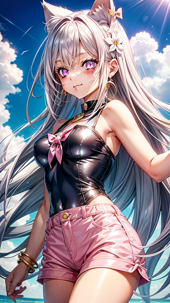 Silver hair, pink eyes, body, cat ears, adult girl, earrings, flower sky background, pink gold shorts, pink blouse, hair bows, hair jewelry,happy face, thigh up