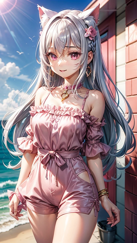 Silver hair, pink eyes, body, cat ears, adult girl, earrings, flower sky background, teal pink gold uniform, hair bows, happy face, thigh up, looking at viewer