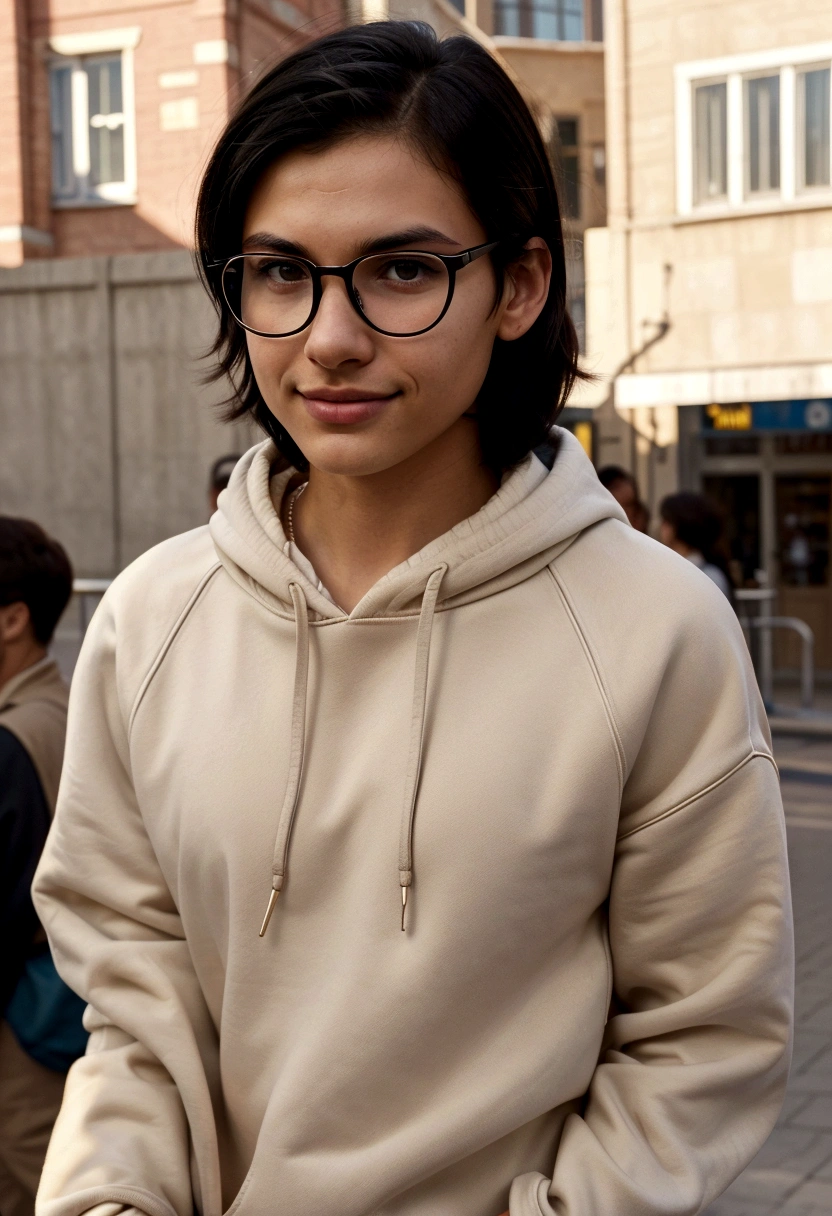 A close-up view of the face of a young, intelligent and athletic Central European man in his 20s. She has short black hair, dark brown eyebrows, distinctive cheekbone features, and white teeth. He wears black-rimmed glasses with clear lenses and is dressed in a beige sweatshirt. White headphones in your ears. His expression radiates a smile, attraction and determination against the vibrant backdrop of a bustling city waiting to be discovered. No shadows or light.  Disney Pixar Style