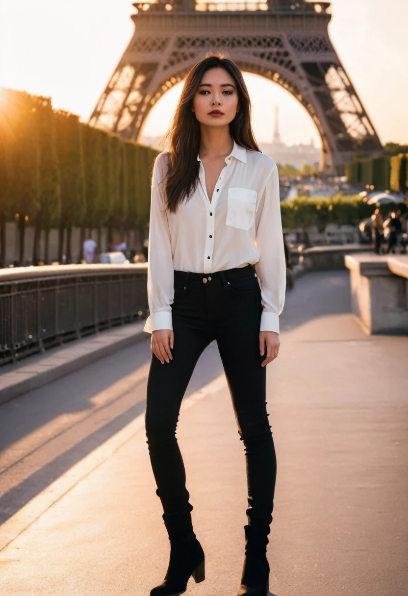 A girl standing infront of eiffel tower, wearing a silk white shirt with open buttons and black skinny jeans with long boots, at the time of sunset