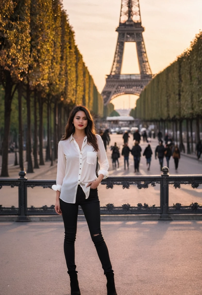 A girl standing infront of eiffel tower, wearing a silk white shirt with open buttons and black skinny jeans with long boots, at the time of sunset