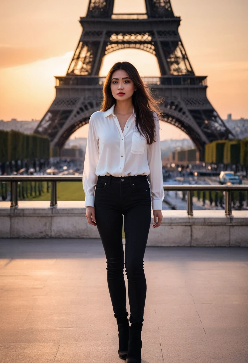 A girl standing infront of eiffel tower, wearing a silk white shirt with open buttons and black skinny jeans with long boots, at the time of sunset 