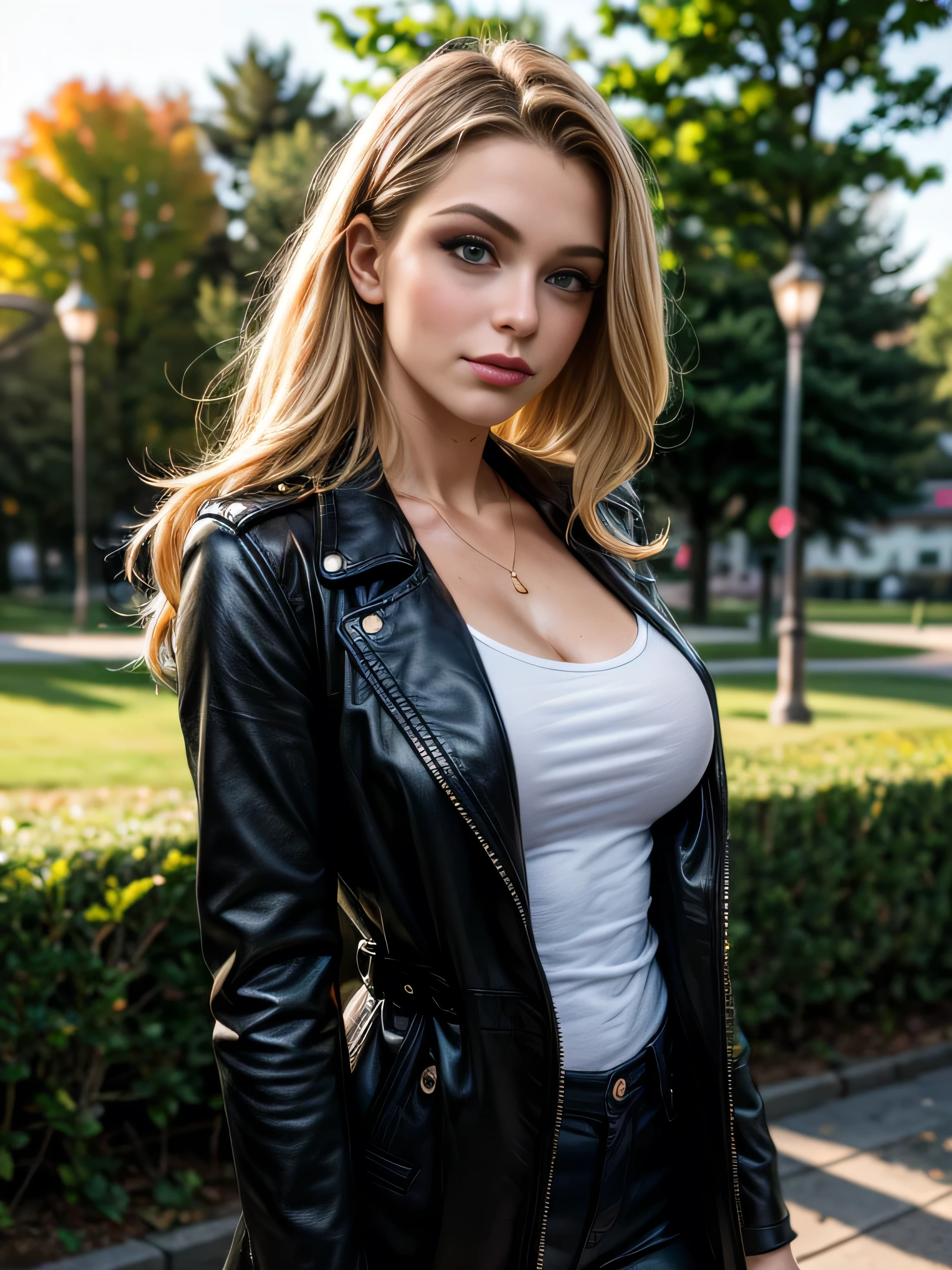 (masterpiece, photorealistic:1.4, extremely intricate:1.3, radiosity, photon mapping, dtx), ((20 year old muscular supermodel, ((25 years old), serious, long eyelashes, makeup:1.3), black leather trench coat, black leather pants, cleavage t-shirt, ((((chrome rivets)), side view:0.8)))), ((([skin detail:freckles:0.7], portrait))), outdoor, park, faraway lake, professional photograph, (long curly [blonde hair:orange hair:0.2], wind), BREAK ((sunset), bokeh, blurry background), BREAK, ((([medium breasts:large breasts:0.9])))