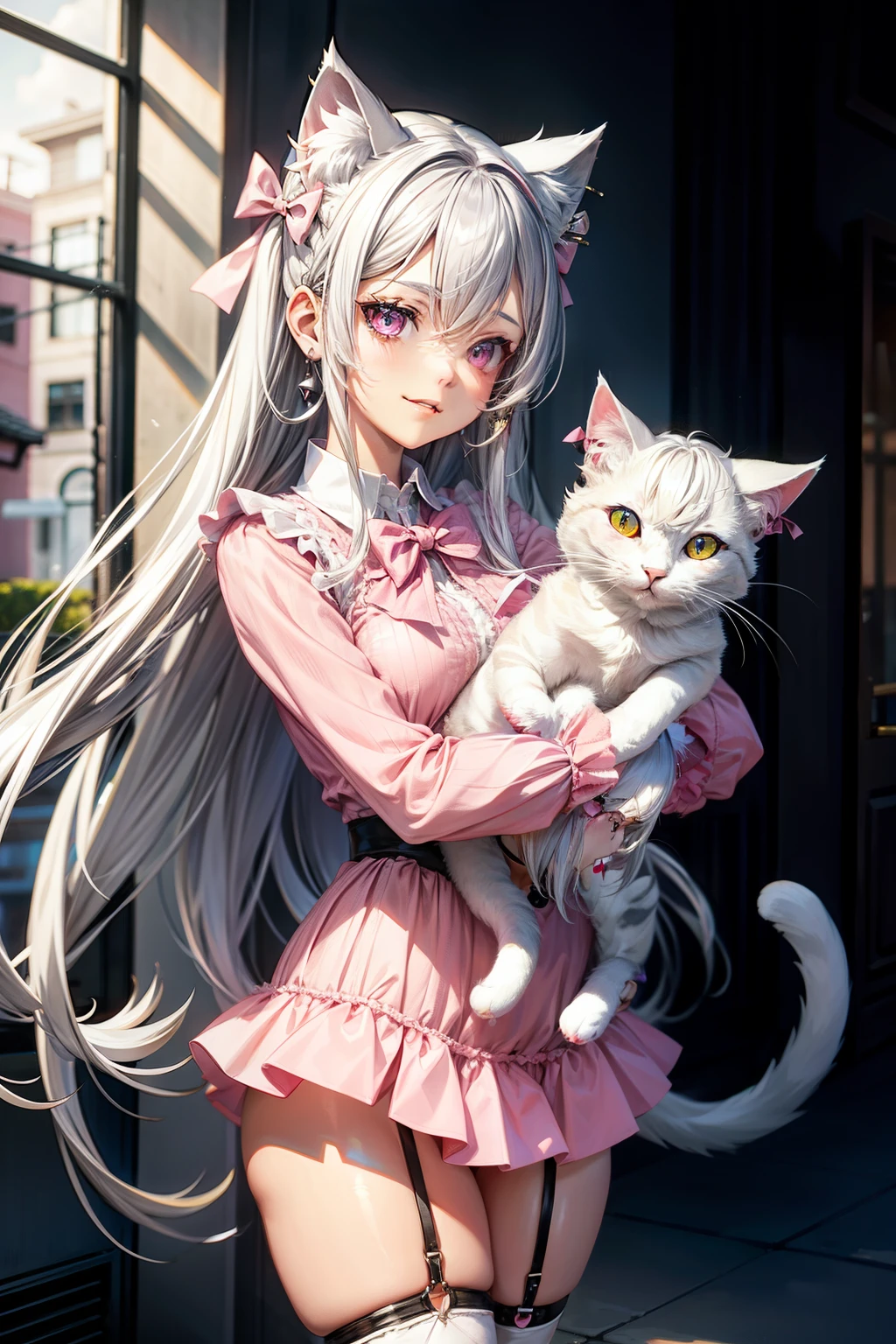 Silver hair, pink eyes, body, cat ears, adult girl, earrings, holding cats, hair bows, happy face, thigh up, pink blouse