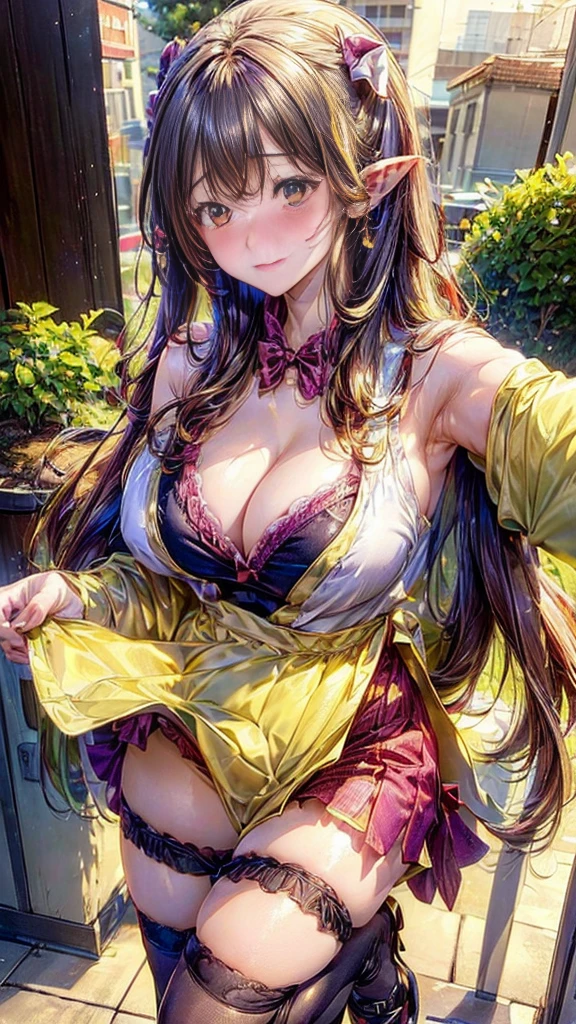 (Masterpiece, Best Quality, photograph-realistic), (Innocent Anime Demon Queen, Adorable, Cute, Lovely Young Lady), (Cheerful Expressions), (1 girl, demon queen), (Medium Perky Breasts,  Figure), (Cute Revealing Sexy Sundress, Lime Green with Golden Trim), (Loose Fitting, Short Hemline), (Walking, Lakeside), (Fishnet Stockings, Golden Heels), (Wings, Devilish Tail), (Shy and Blushing Demon Girl), (Embarrassed, Blushing Cheeks), (Golden Eyes, Pointed Ears), (