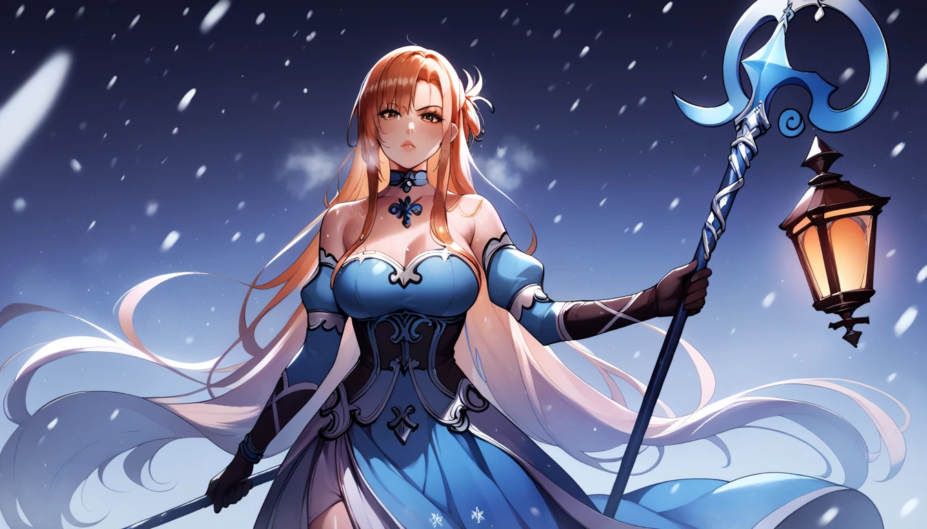 score_9, score_8_up, score_7_up, score_6_up, uncensored, Yuuki Asuna, absurdly long hair, orange eyes, orange hair, very long hair, lips, shiny skin, sweating, wet, wet hair, steaming body, heavy breathing, large breasts, detailed body, detailed eyes, expressionless, glaring eyes, 1girl, staff, solo, snowing, bare_shoulders, breasts, gloves, jewelry, holding_staff, snow, blue_dress, detached_sleeves, snowflakes, holding, strapless_dress, choker, strapless, looking_at_viewer, holding_staff, standing,