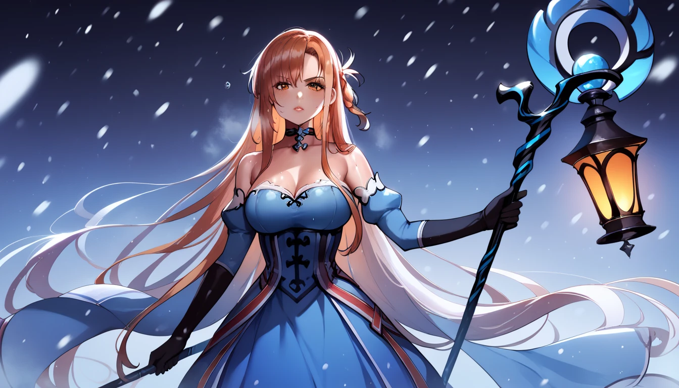 score_9, score_8_up, score_7_up, score_6_up, uncensored, Yuuki Asuna, absurdly long hair, orange eyes, orange hair, very long hair, lips, shiny skin, sweating, wet, wet hair, steaming body, heavy breathing, large breasts, detailed body, detailed eyes, expressionless, glaring eyes, 1girl, staff, solo, snowing, bare_shoulders, breasts, gloves, jewelry, holding_staff, snow, blue_dress, detached_sleeves, snowflakes, holding, strapless_dress, choker, strapless, looking_at_viewer, holding_staff, standing,