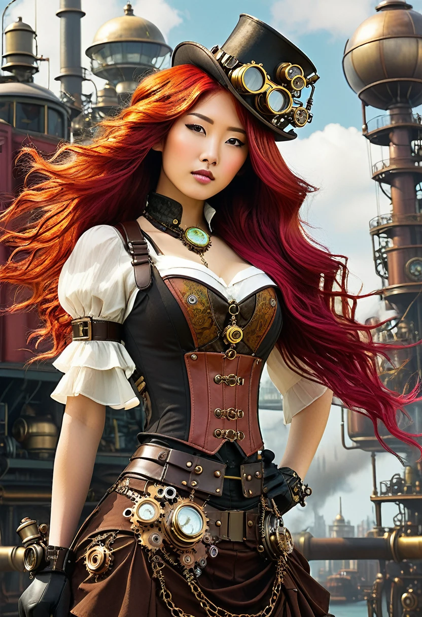 A Korean girl with vibrant, long red hair stands in a photorealistic steampunk world. Her hair flows down her back in gentle waves, contrasting beautifully with her unique steampunk outfit. She wears a corseted top adorned with brass gears and intricate metalwork, paired with a layered skirt of rich fabrics and leather straps. Her accessories include a top hat with goggles, a mechanical arm piece, and a utility belt with small gadgets. The background showcases a bustling steampunk city with towering buildings, airships, and steam-powered machinery. The overall scene exudes a blend of Victorian elegance and industrial innovation.