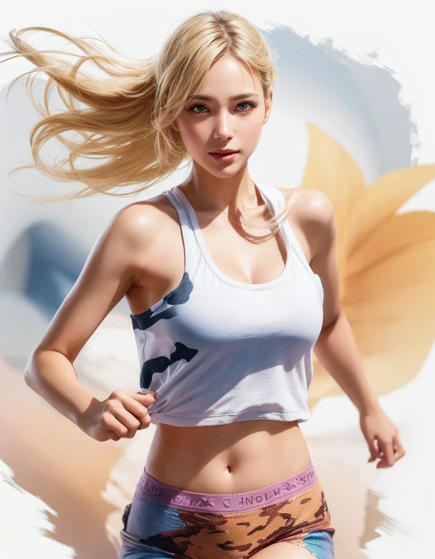 8K, masutepiece, Raw photo, Best Quality, Photorealistic, Highly detailed CG Unity 8k wallpaper, depth of fields, Professional Lighting, Ray tracing, (Extremely beautiful face, Beautiful lips, Beautiful eyes), intricate detail face, ((Ultra detailed skin)) 1girl in, deepshadow, Cute s, ((Looking at Viewer)), (seducting smile), (Blurry background), (long saggy breasts:1.3), (Large breasts、Huge breasts:1.5), (Female soldiers:1.3), Clear eyes, black backgrounds, Front shot, (pale skin), Face forward, (Big eyes), (upperbody shot), (Camel toe), (Camouflage T-shirt), (hi-top fade:1.5), ((I can see panties:1.3)),