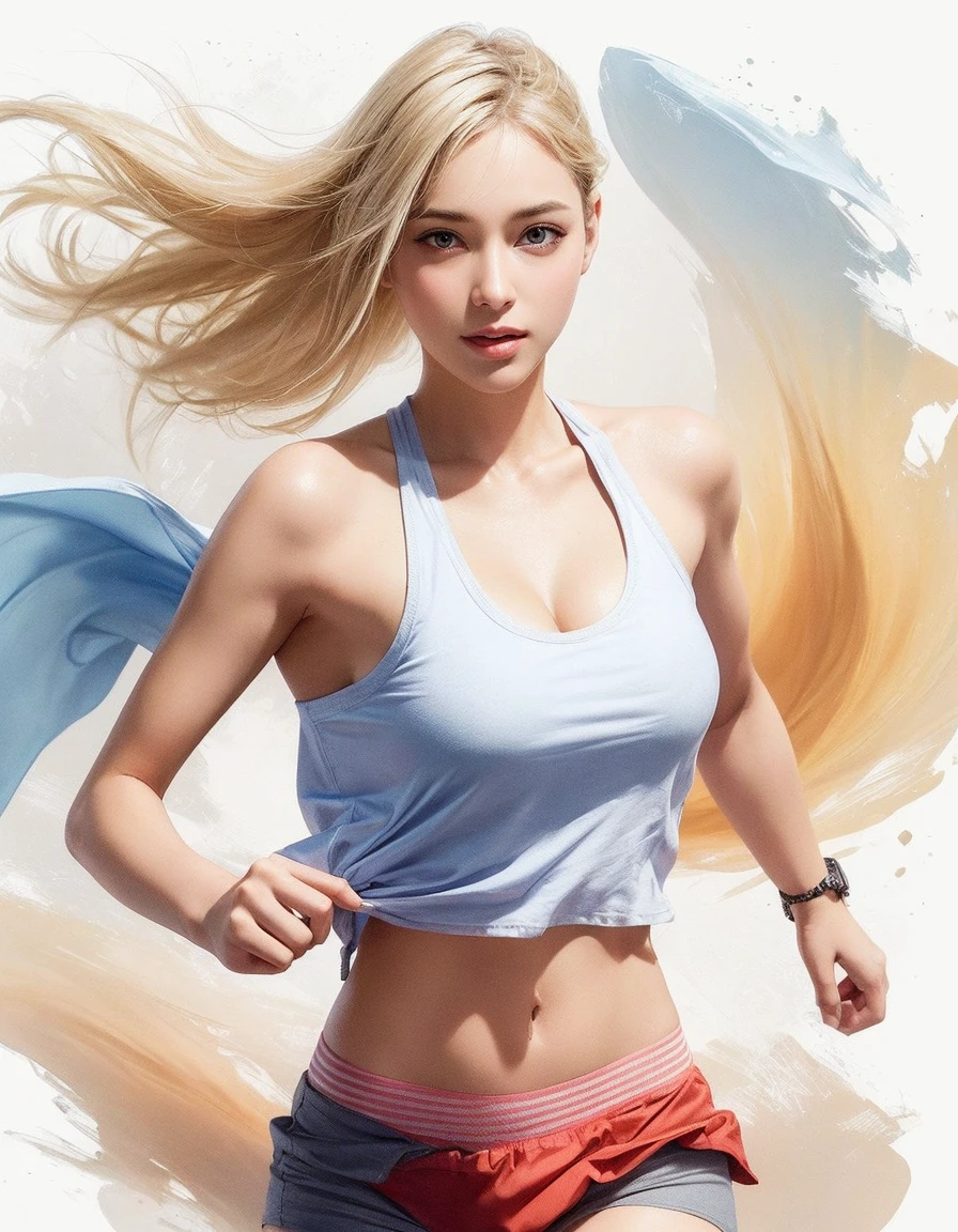 8K, masutepiece, Raw photo, Best Quality, Photorealistic, Highly detailed CG Unity 8k wallpaper, depth of fields, Professional Lighting, Ray tracing, (Extremely beautiful face, Beautiful lips, Beautiful eyes), intricate detail face, ((Ultra detailed skin)) 1girl in, deepshadow, Cute  s, ((Looking at Viewer)), (seducting smile), (Blurry background), (long saggy breasts:1.3), (Large breasts、Huge breasts:1.5), (Female soldiers:1.3), Clear eyes, black backgrounds, Front shot, (pale skin), Face forward, (Big eyes), (upperbody shot), (Camel toe), (Camouflage T-shirt), (hi-top fade:1.5), ((I can see panties:1.3)),