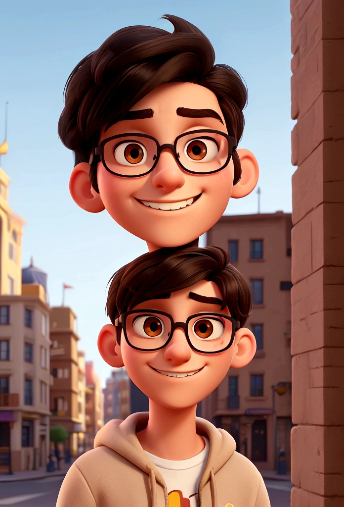 A close-up view of the face of a young, intelligent and athletic Central European man in his 20s. She has short black hair, dark brown eyebrows, distinctive cheekbone features, and white teeth. He wears black-rimmed glasses with clear lenses and is dressed in a beige sweatshirt. White headphones in your ears. His expression radiates a smile, attraction and determination against the vibrant backdrop of a bustling city waiting to be discovered. No shadows or light.  Disney Pixar Style