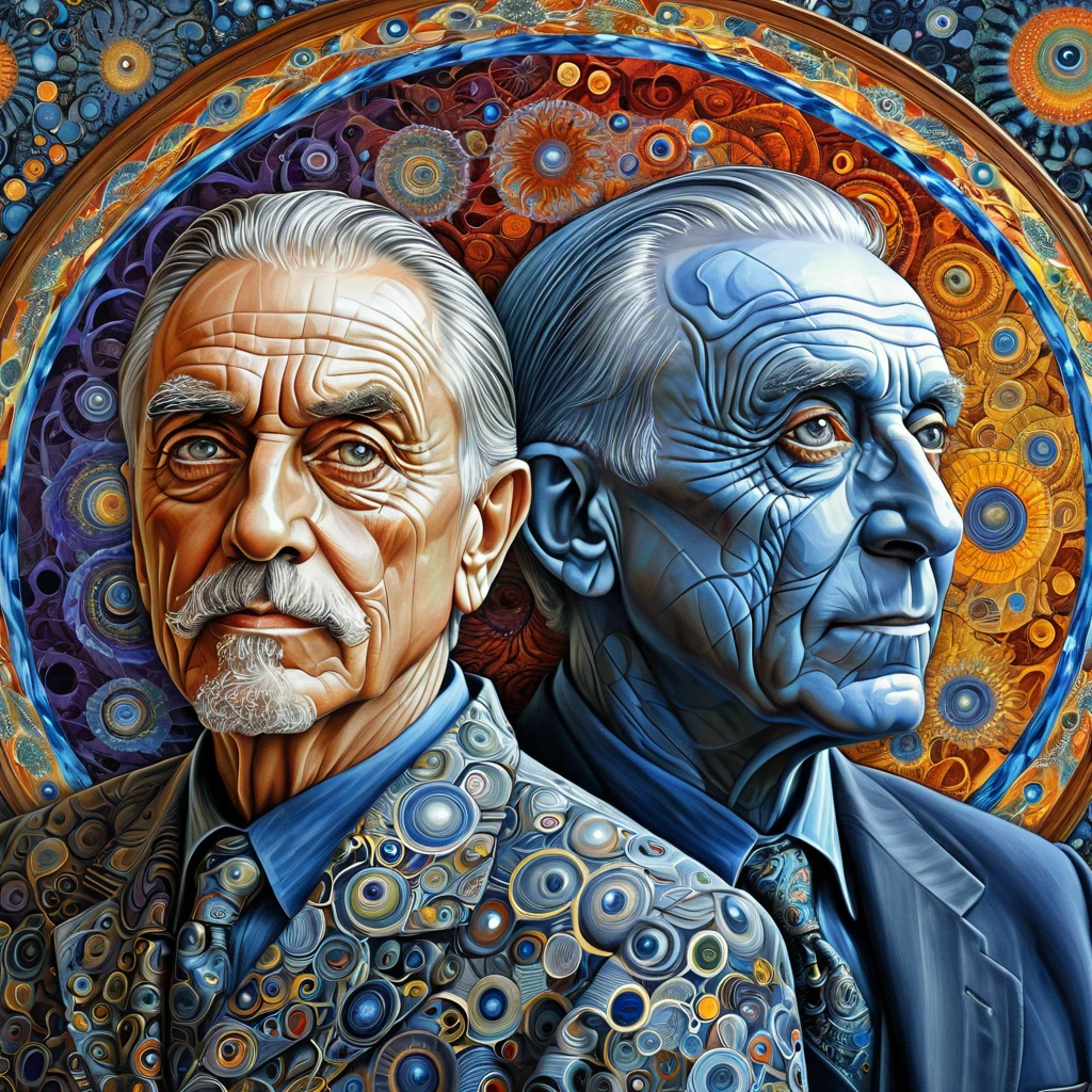 two men with different facial expressions and a pattern of circles, alex grey and gustave dore, alex grey and romero ressendi, martin ansin artwork portrait, alex grey and tim hildebrandt, created m.c. escher and picasso, dan mumford and albert bierstadt, science fantasy painting, amazing wallpaper, by Edwin Georgi, ernst haeckel and artgerm