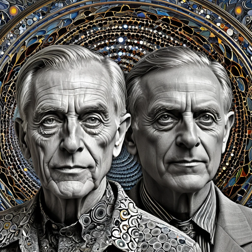 two men with different facial expressions and a pattern of circles, alex grey and gustave dore, alex grey and romero ressendi, martin ansin artwork portrait, alex grey and tim hildebrandt, created m.c. escher and picasso, dan mumford and albert bierstadt, science fantasy painting, amazing wallpaper, by Edwin Georgi, ernst haeckel and artgerm