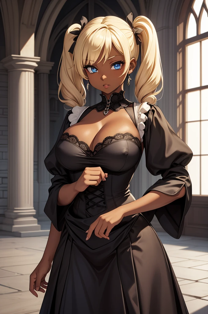 Female, twintails Blonde hair, Blue eyes, dark brown skin, large breasts, NSFW, wearing gothic ****ta with a castle interior background