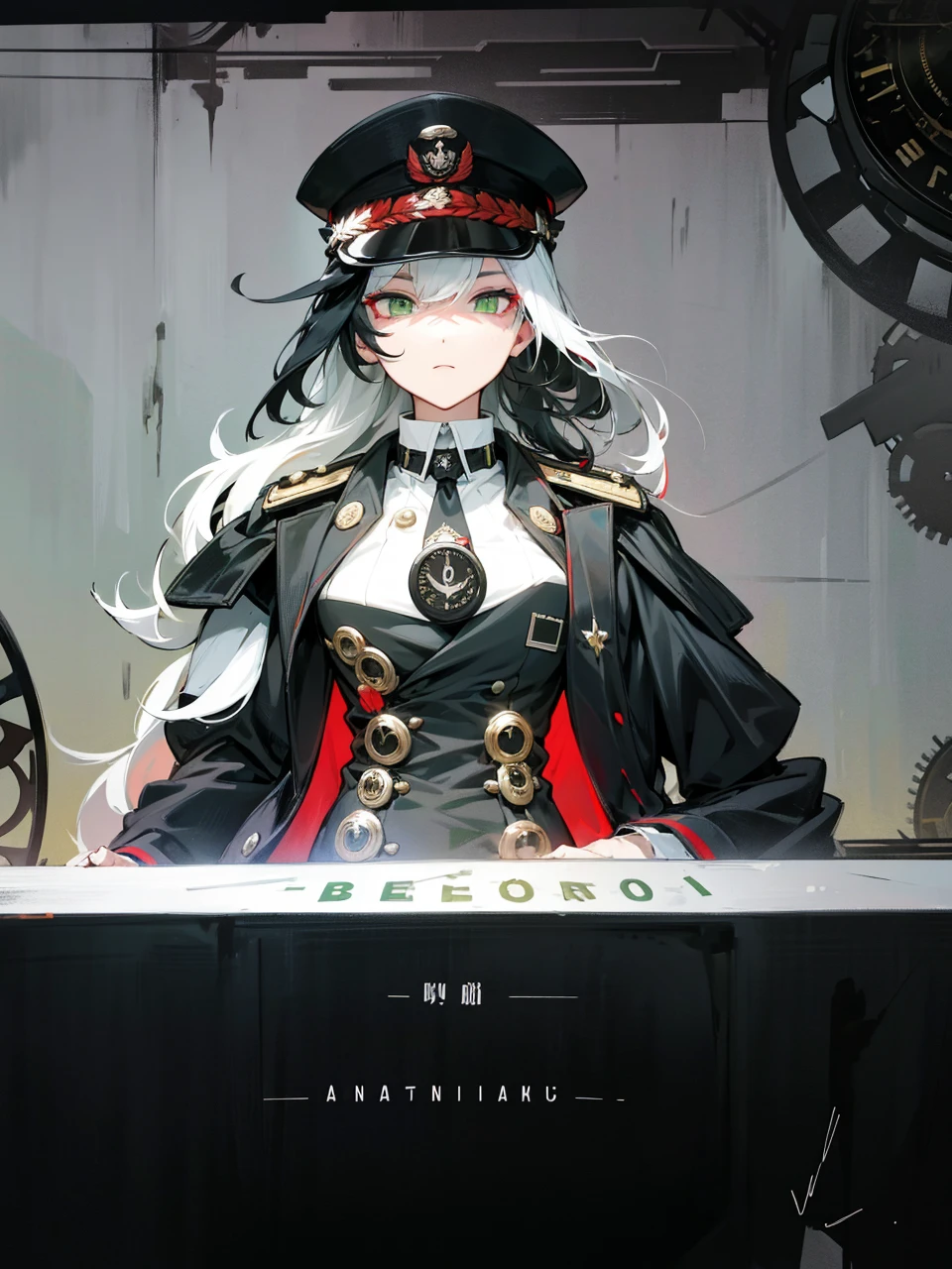 a millitary general with black and white hair, a red and green clockwork eyes.