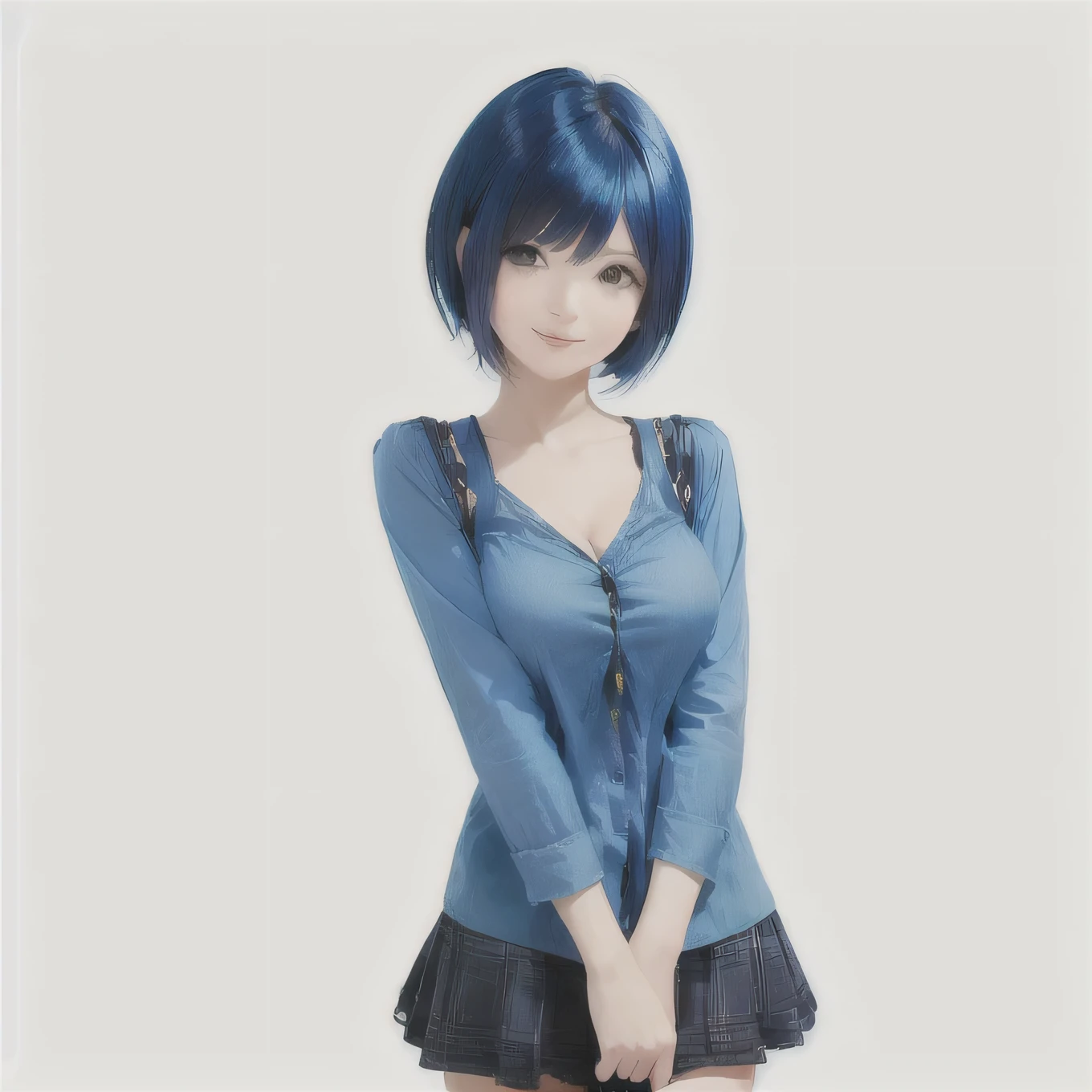 Cute cartoon of a woman with blue hair and a blue shirt, short blue haired woman, Realitas