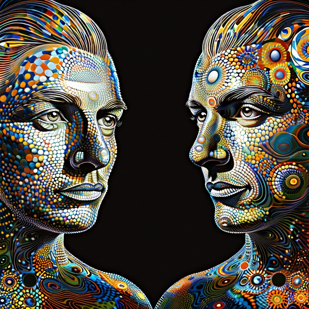 portrait, man and woman merging as one, the epitome of mankind, epic composition, <lora:DeconDada:1.3> deda style, x-ray dadaism art by Elsa von Freytag-Loringhoven,Barry Humphries,Hilla Rebay, amber,Pale silver,Persian red,Persian rose,Maximum red purple:0.7