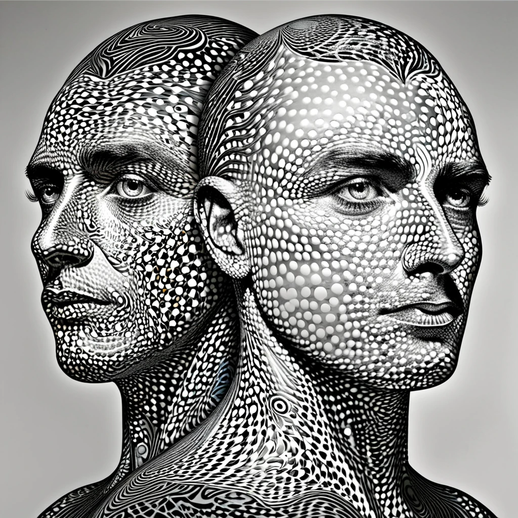 two men with different facial expressions and a pattern of circles, vector art by Edwin Georgi, reddit, psychedelic art, alex grey and gustave dore, alex grey and romero ressendi, martin ansin artwork portrait, alex grey and tim hildebrandt, created m.c. escher and picasso, dan mumford and albert bierstadt, science fantasy painting, amazing wallpaper