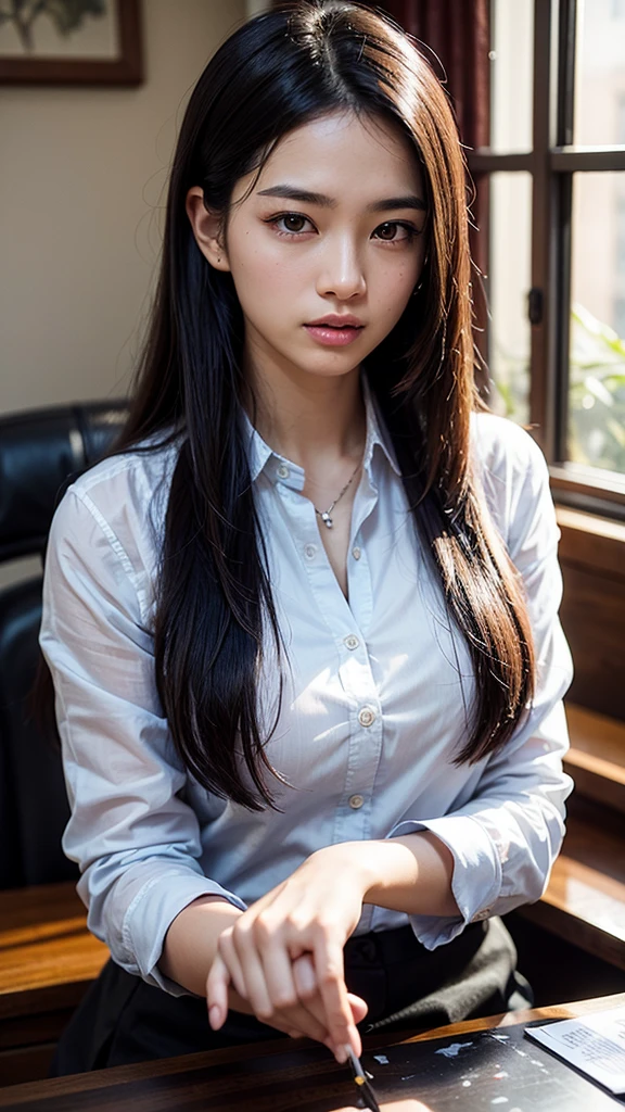 upper body,japanese,beautiful browneyes, beautiful lips,（furrowed brow） , longeyelashes,((slender)),black hair,((straight hair )),looking away,displeased, office lady, (professional business attire), office setting, desk, (highres,masterpiece:1),detailed,(realistic,photorealistic,photo-realistic:1),HDR,UHD,studio lighting,ultra-fine painting,sharp focus,physically-based rendering,extreme detail description,professional,vivid colors,bokeh,intricate details,highly realistic,photorealistic portrait