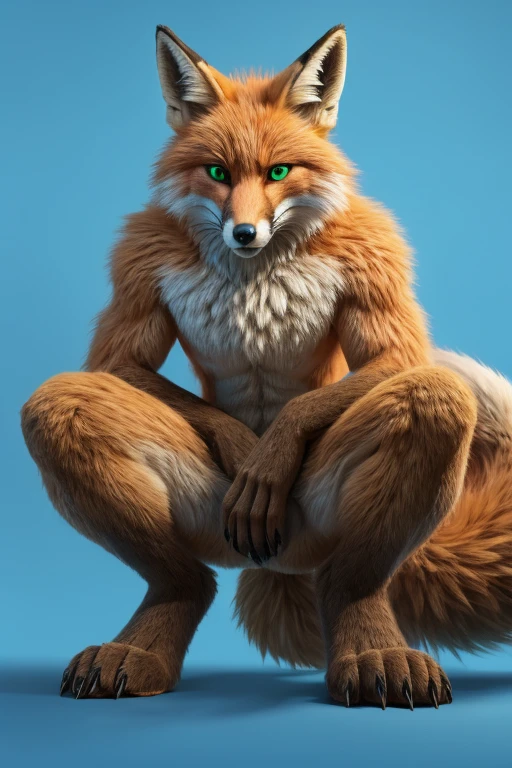 Perspective from below fox naked male furry legs apart looking down blue background squat pose green eyes serious look claws on knees fluffy tail scars