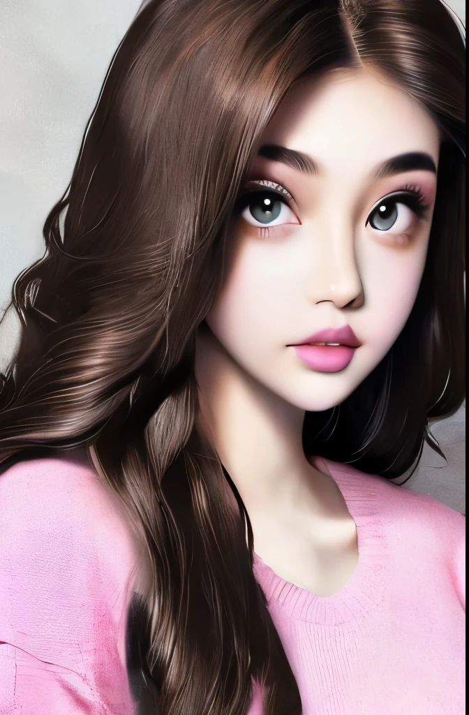 Girl, long brown hair, brown eyes, sharp features, white skin, pink lips, beautiful, soft and delicate, sweater