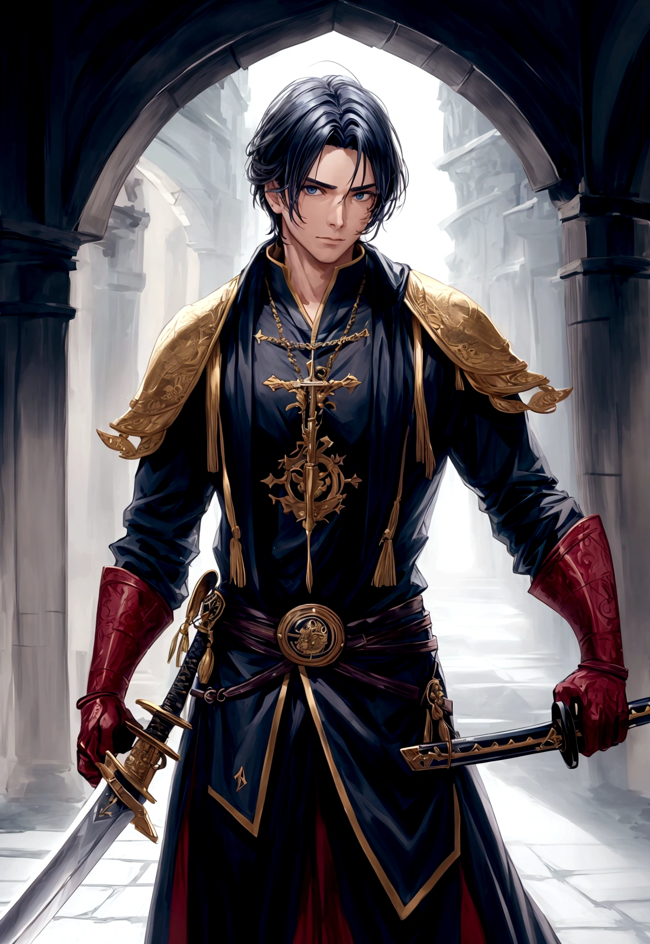A man holding a sword，There are many beauties behind
