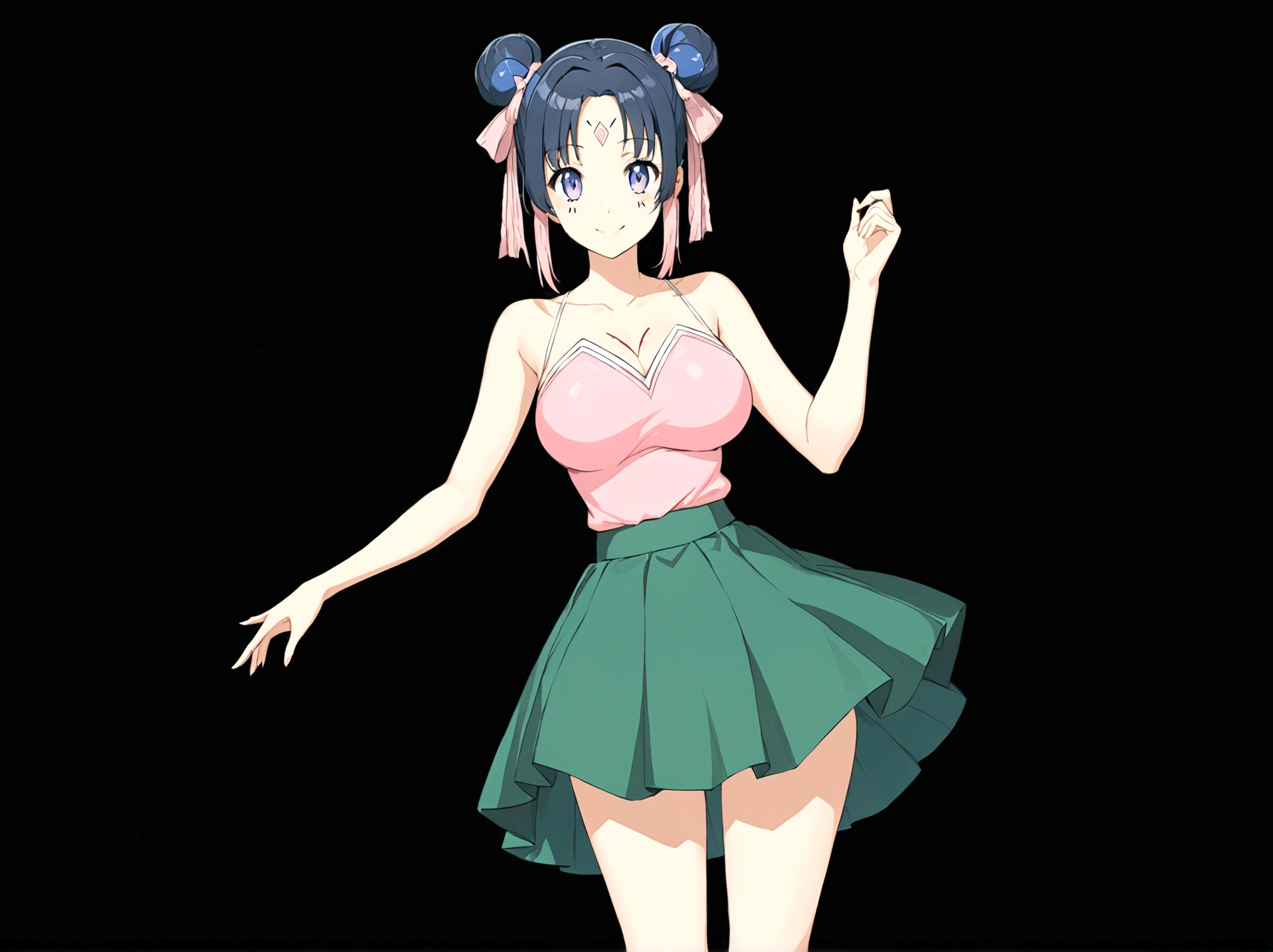 1girl, solo, breasts, looking at viewer, smile, blue eyes, skirt, large breasts, simple background, ribbon, bare shoulders, blue hair, hair ribbon, socks, hair bun, double bun, facial mark, simple background, green skirt, forehead mark