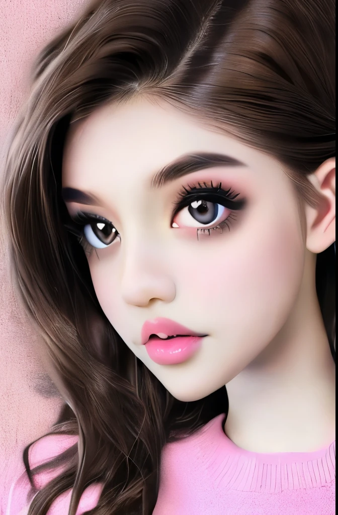 Girl, long brown hair, brown eyes, sharp features, white skin, pink lips, beautiful, soft and delicate, sweater