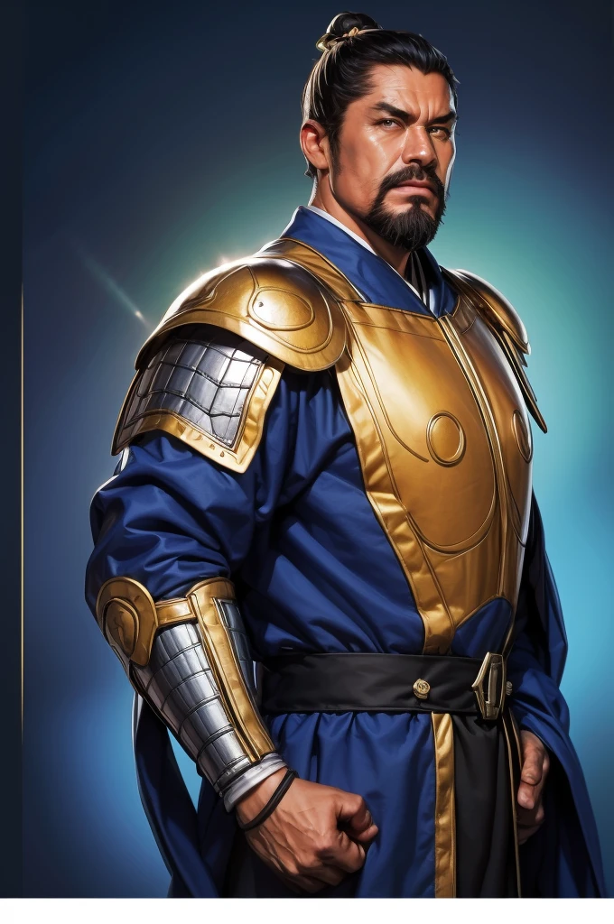 8K,middle aged man,oriental armor(The elaborately crafted coat of arms of a nobleman),ultra high resolution,surreal,realistic skin,Black hair short hair,big black eyes,clear eye description, muscular body,waist armor,delicate hands, Perfect hand shape, character art, action pose,masterpiece,Realistic RAW photos of the highest quality,bright colors,rich colors, backlight, movie lights, film grain,50mm lens