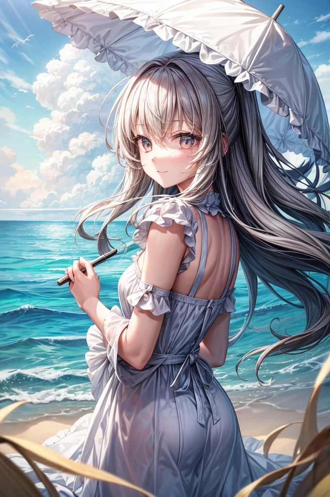 masterpiece, highres, beautiful landscape, high detailed, 1 girl, mid-ground character, beach, studio light, depth of field. The girl stands on the beach with her colorful umbrella, looks at viewer with a smile. She ưears a white beautiful dress, her hair blows in the wind. The landscape is peaceful and serene. Mildly clouds, floating clouds, light clouds, billowing clouds. The sunlight glistens on the surface of the sea. The waves of the sea gently lap against the shore, creating a serene and soothing sound.