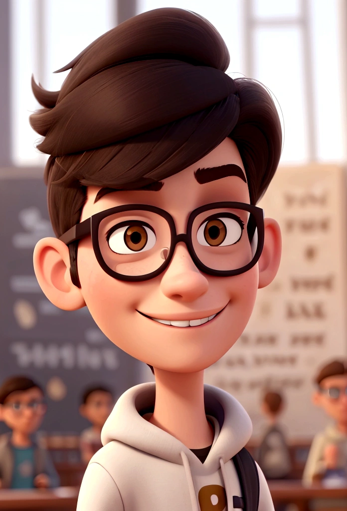 A close-up view of the face of a young, intelligent and athletic Central European man in his 20s. She has short black hair, dark brown eyebrows, distinctive cheekbone features, and white teeth. He wears black-rimmed glasses with clear lenses and is dressed in a beige sweatshirt. White headphones in your ears. His expression radiates a smile, attraction and determination against the vibrant backdrop of a bustling city waiting to be discovered. No shadows or light.  Disney Pixar Style