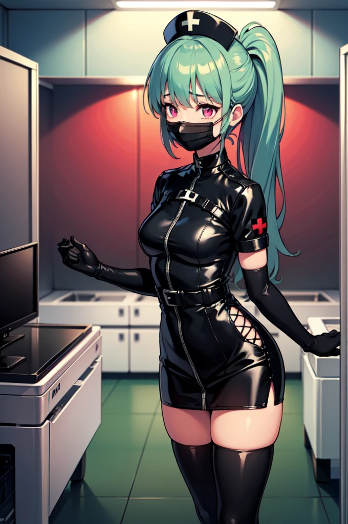 black nurse, 1girl, solo, black nurse cap, black nurse uniform, ((black legwear, zettai ryouiki)), black elbow gloves, ponytail, green hair, pink eyes, ((black surgical mask, covered nose)), standing, ((surgery room)), sharp outline, short sleeves, best quality, masterpiece