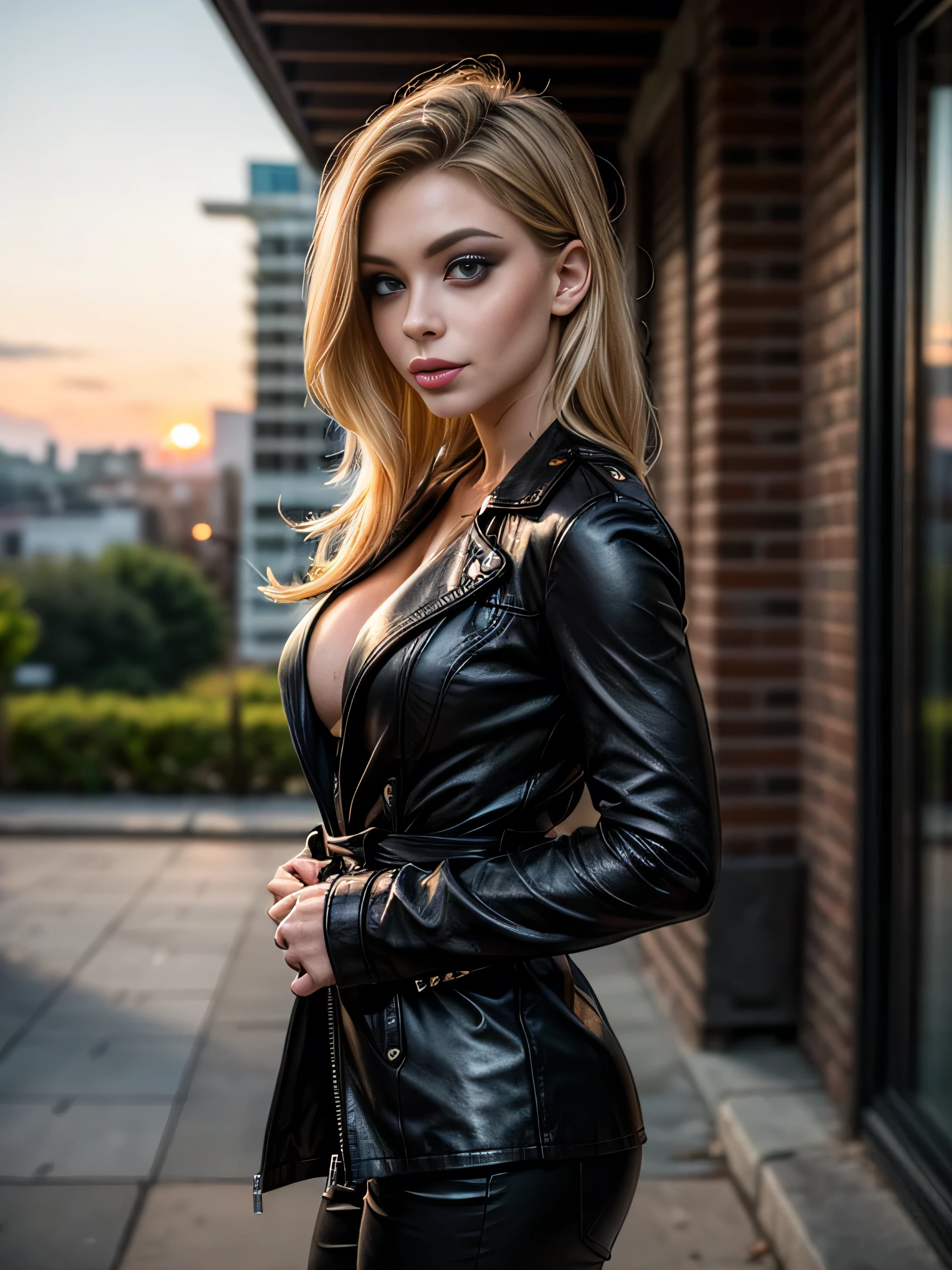 (masterpiece, photorealistic:1.4, extremely intricate:1.3, radiosity, photon mapping, dtx), ((20 year old muscular supermodel, ((25 years old), serious, long eyelashes, makeup:1.3), black leather trench coat, black leather pants, cleavage t-shirt, ((((chrome rivets)), side view:0.8)))), ((([skin detail:freckles:0.7], portrait))), outdoor, park, faraway lake, professional photograph, (long curly [blonde hair:orange hair:0.2], wind), BREAK ((sunset), bokeh, blurry background), BREAK, ((([medium breasts:large breasts:0.9])))