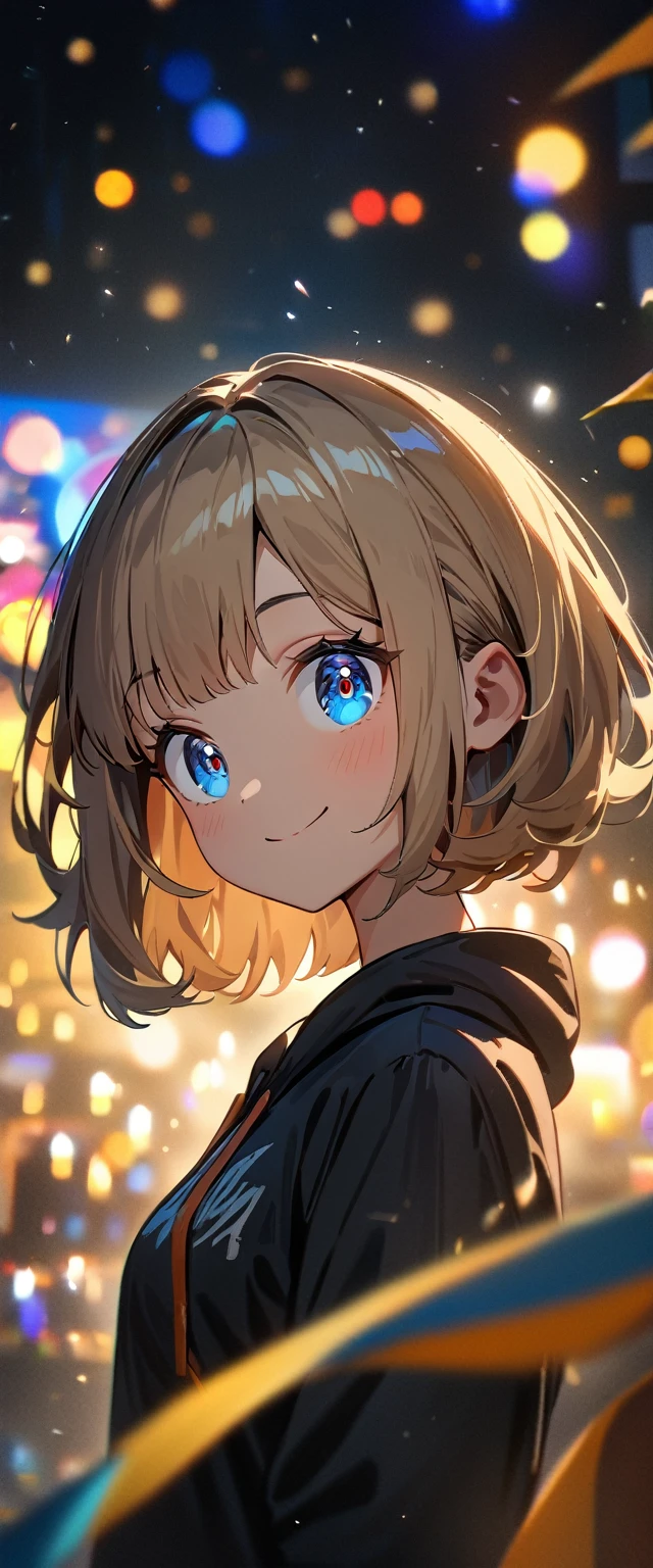 (((One girl))), Shibuya, blond hair, bob cut, ((face in focus)), (looking at viewer), breasts, teenager, head tilt:1.3, (((blue eye))), wide-eyed, (from side), hand in pocket, ((happy smile)), black hoodie:1.3, black shorts:1.3, anime style, (best quality, 4k, 8k, highres, masterpiece:1.2, ultra-detailed, ultra-detailed eyes, HDR, UHD, studio lighting, ultra-fine painting, sharp focus, physically-based rendering, extreme detail description, professional, vivid colors, bokeh)