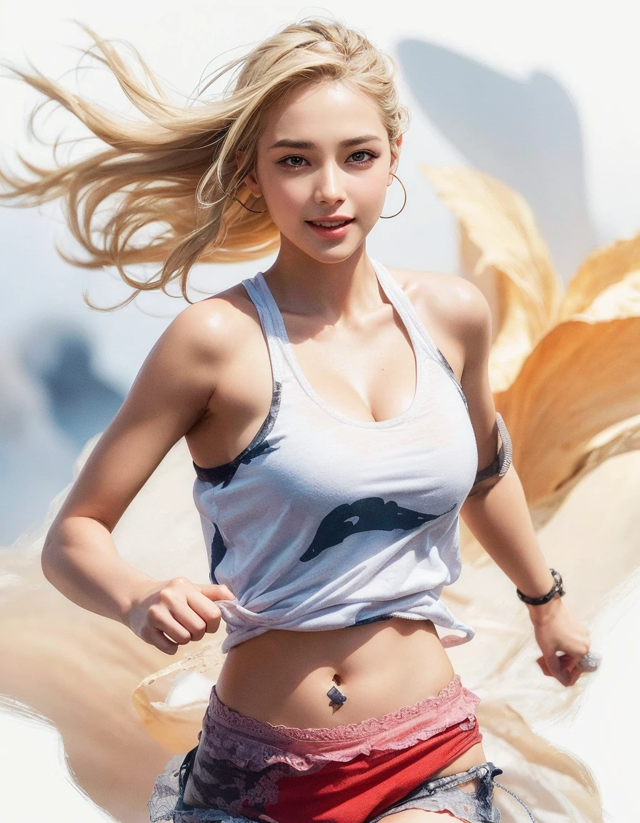 8K, masutepiece, Raw photo, Best Quality, Photorealistic, Highly detailed CG Unity 8k wallpaper, depth of fields, Professional Lighting, Ray tracing, (Extremely beautiful face, Beautiful lips, Beautiful eyes), intricate detail face, ((Ultra detailed skin)) 1girl in, deepshadow, Cute s, ((Looking at Viewer)), (seducting smile), (Blurry background), (long saggy breasts:1.3), (Large breasts、Huge breasts:1.5), (Female soldiers:1.3), Clear eyes, black backgrounds, Front shot, (pale skin), Face forward, (Big eyes), (upperbody shot), (Camel toe), (Camouflage T-shirt), (hi-top fade:1.5), ((I can see panties:1.3)),