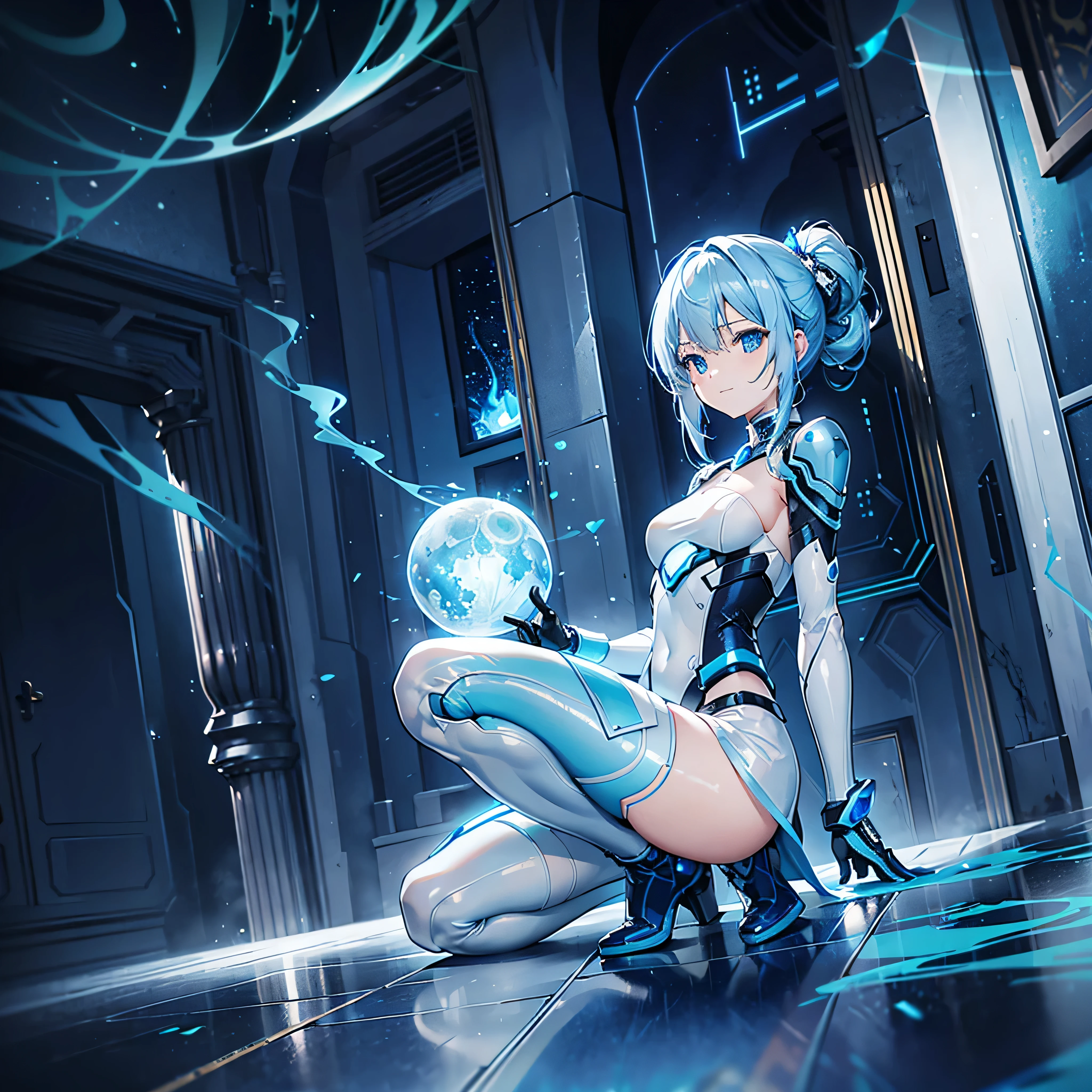 8K, Highest quality, (real:1.4), Original photo, 1 girl, Asari Hair, Biological Amplifier, Very sleek and futuristic armor, posture: Peace talks between warring factions,,attention arousal, smart blue eyes,A modest smile,Knee-high boots,Patent-look blue tights,Blue big moon and blue light swirl in the background,Blue light from behind,blue light magic,A small, glowing blue ball in the palm of your hand,Blue flame swirl,Blue Comet,Polished floor,