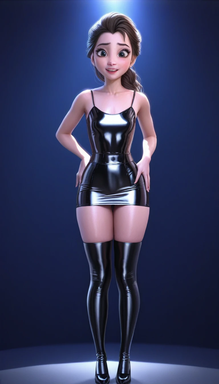 8K, very realistic, realistic, detailed, realistic, elsa face ,  sexy look, big eyes, smiling mouth, bright smile, high quality, whole body, Sisdeep_****, black hair, realistic 얼굴, Huge,/  tight black latex top, ((tight black latex skirt)) , Beauty, pretty girl,. 1 kpop female idol, ,(Standing in a short latex miniskirt and spreading your legs wide )