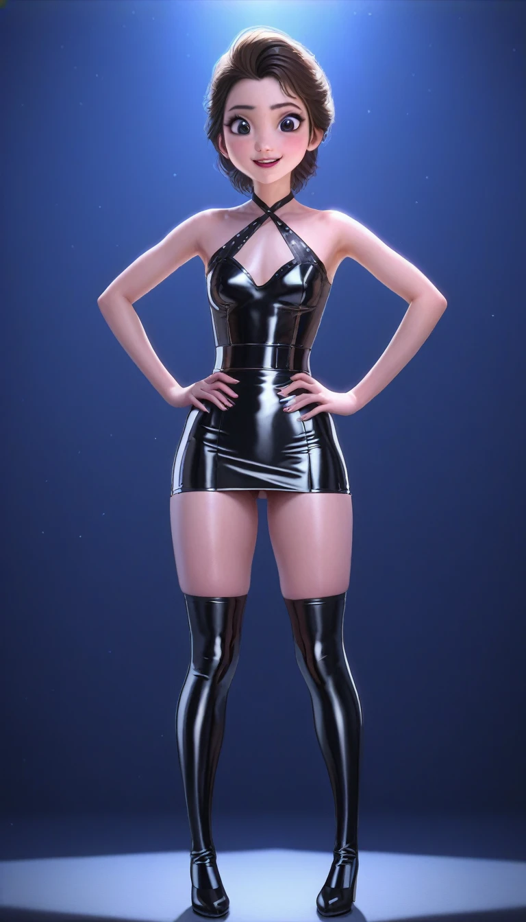 8K, very realistic, realistic, detailed, realistic, elsa face , sexy look, big eyes, smiling mouth, bright smile, high quality, whole body, Sisdeep_loli, black hair, realistic 얼굴, Huge,/ tight black latex top, ((tight black latex skirt)) , Beauty, pretty girl,. 1 kpop female idol, ,(Standing in a short latex miniskirt and spreading your legs wide )