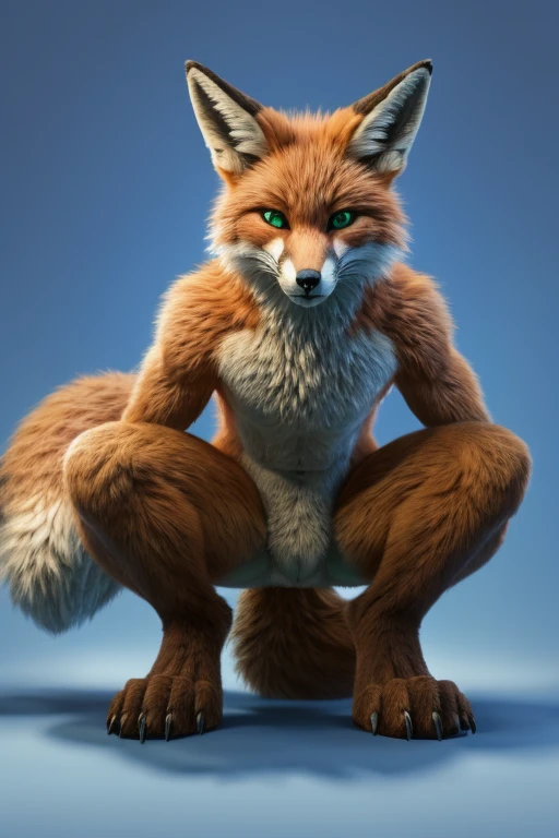 Perspective from below fox naked male furry legs apart looking down blue background squat pose green eyes serious look claws on knees fluffy tail scars