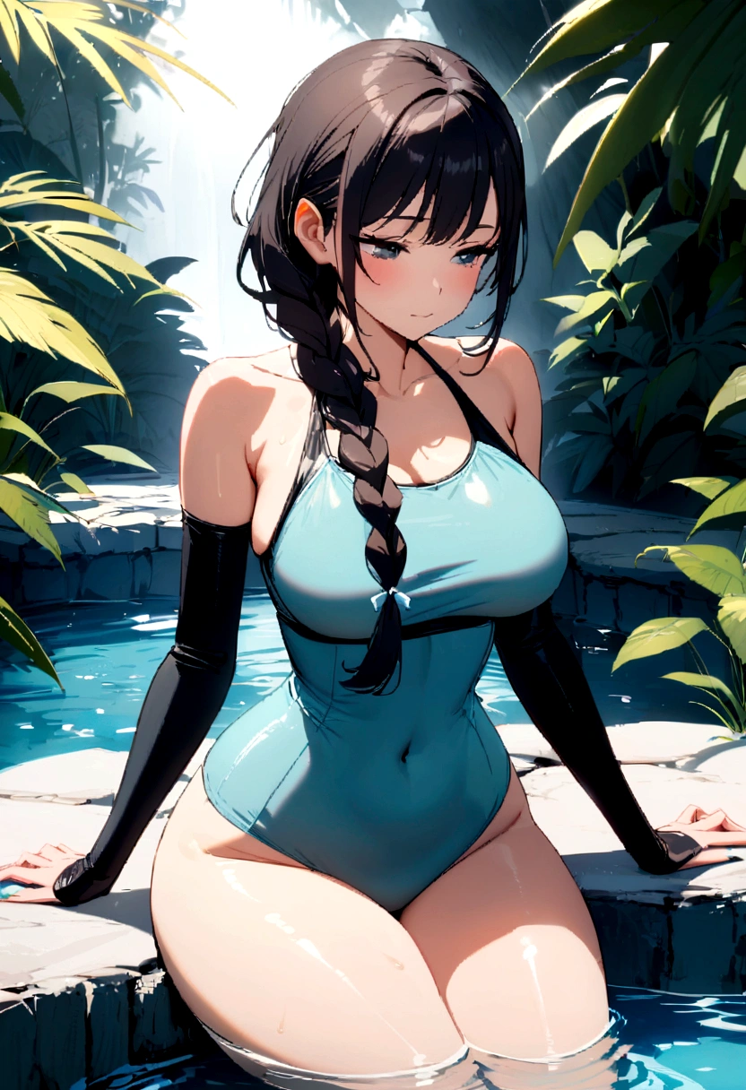 Woman with long braided hair,  with wide hips and narrow waist, a thigh massage is performed, sitting on the edge of a natural pool,with a swimsuit with sleeves.black and 