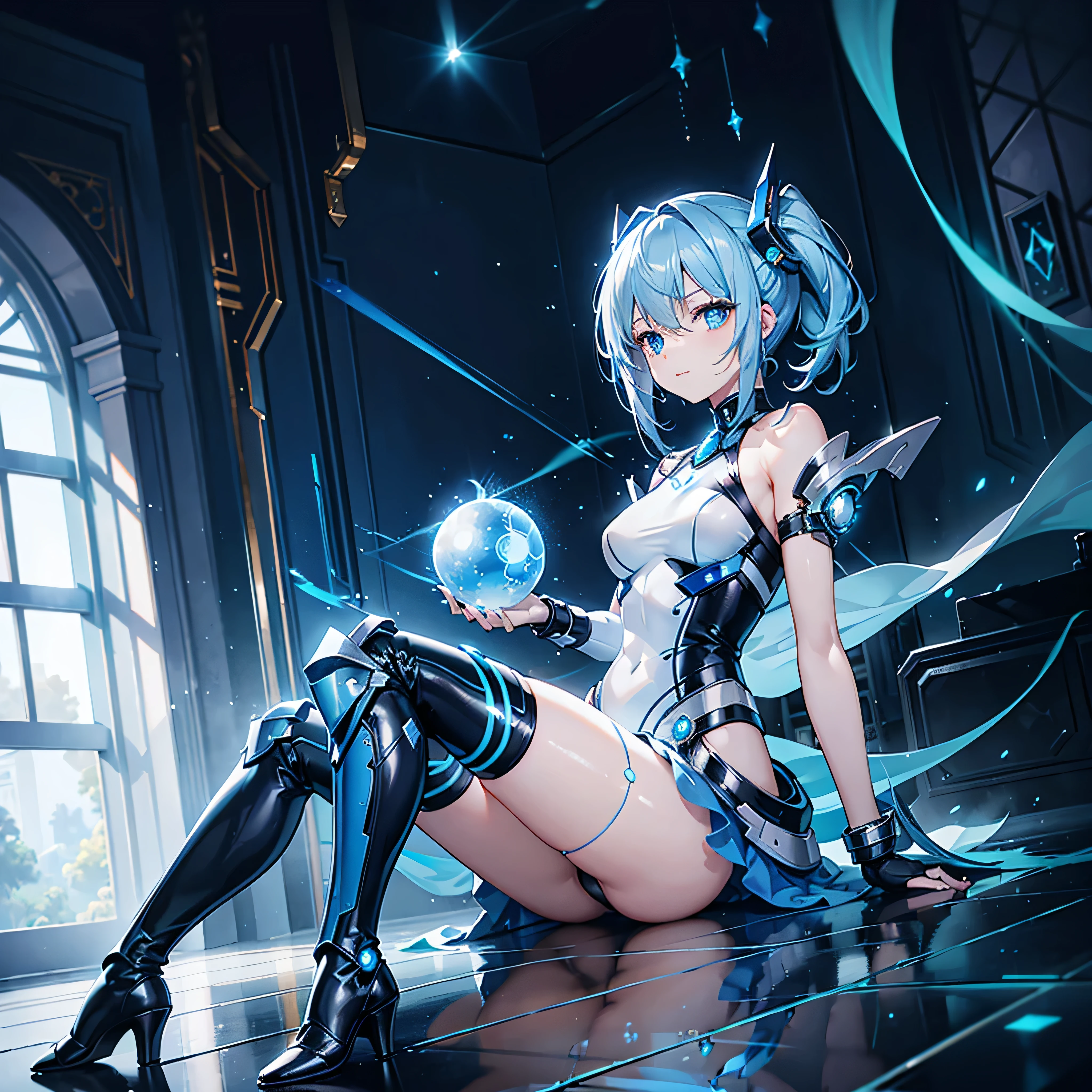 8K, Highest quality, (real:1.4), Original photo, 1 girl, Asari Hair, Biological Amplifier, Very sleek and futuristic armor, posture: Peace talks between warring factions,,attention arousal, smart blue eyes,A modest smile,Knee-high boots,Patent-look blue tights,Blue big moon and blue light swirl in the background,Blue light from behind,blue light magic,A small, glowing blue ball in the palm of your hand,Blue flame swirl,Blue Comet,Polished floor,