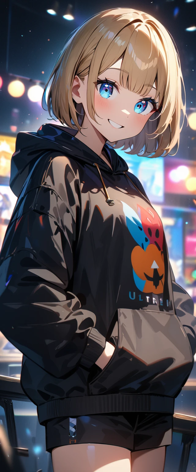 (((One girl))), Shibuya, blond hair, bob cut, ((face in focus)), (looking at viewer), breasts, ager, head tilt:1.3, (((blue eye))), constricted pupils, (from side), hand in pocket, ((happy smile)), black hoodie:1.3, black shorts:1.3, anime style, (best quality, 4k, 8k, highres, masterpiece:1.2, ultra-detailed, ultra-detailed eyes, HDR, UHD, studio lighting, ultra-fine painting, sharp focus, physically-based rendering, extreme detail description, professional, vivid colors, bokeh)