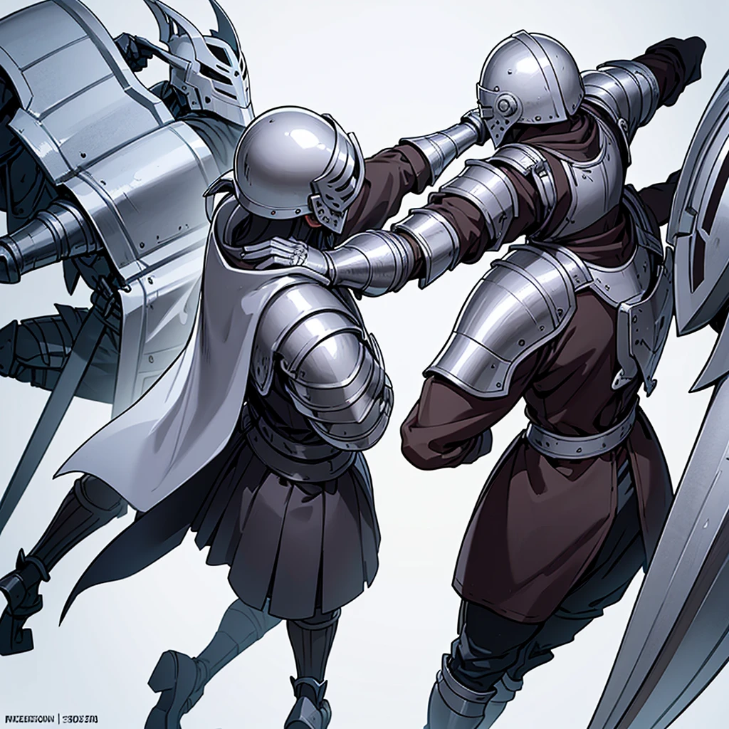 ((Full body character concept, Detailed character design))、(From the back、Back view、back)、Highest quality, Best Quality,Best illustrations、(((Iron Helmet))),Medieval Armor、Medieval Knight、Full grey armor、(((20-year-old male)))、Dramatic Angle、(battle)、battlefield、Movement angle、Grab the sword、wasteland、(Fighting stance)、Run、(((White background)))、(shieldを掴む、shield)、(From above at an angle)、50 people