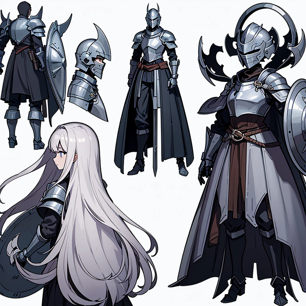 ((Full body character concept, Detailed character design))、(From the back、Back view、back)、Highest quality, Best Quality,Best illustrations、(((Iron Helmet))),Medieval Armor、Medieval Knight、Full grey armor、(((20-year-old male)))、Dramatic Angle、(battle)、battlefield、Movement angle、Grab the sword、wasteland、(Fighting stance)、Run、(((White background)))、(shieldを掴む、shield)、(From above at an angle)、50 people