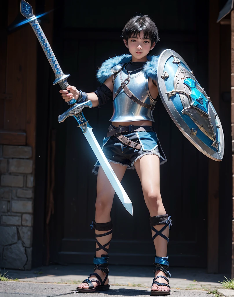 Young 13-year-old boy with black hair and brown eyes, innocent and happy, dressed in short neon-blue medieval barbarian clothes, fur shorts, light-blue battle armor, weilding silver sword and shield, sandals; fullbody; short hair, boyish athletic, sexy, medieval background