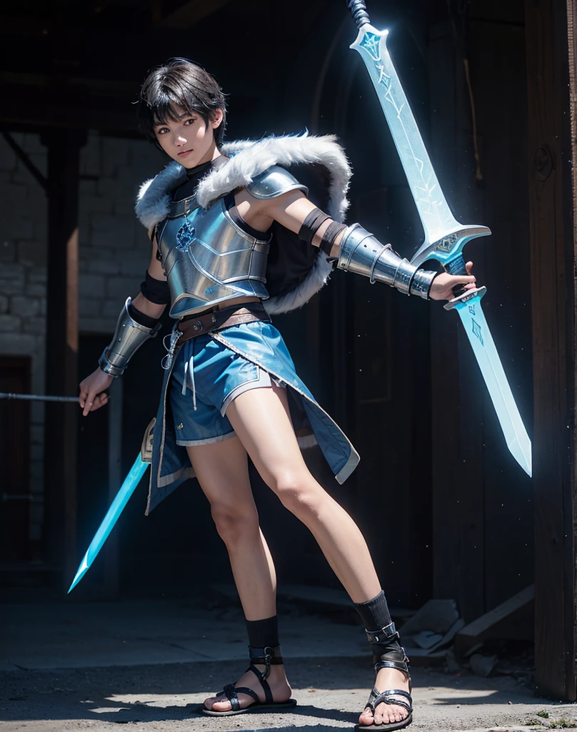 Young 13-year-old boy with black hair and brown eyes, innocent and happy, dressed in short neon-blue medieval barbarian clothes, fur shorts, light-blue battle armor, weilding silver sword and shield, sandals; fullbody; short hair, boyish athletic, sexy, medieval background