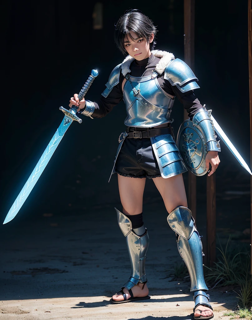 Young 13-year-old boy with black hair and brown eyes, innocent and happy, dressed in short neon-blue medieval barbarian clothes, fur shorts, light-blue battle armor, weilding silver sword and shield, sandals; fullbody; short hair, boyish athletic, sexy, medieval background