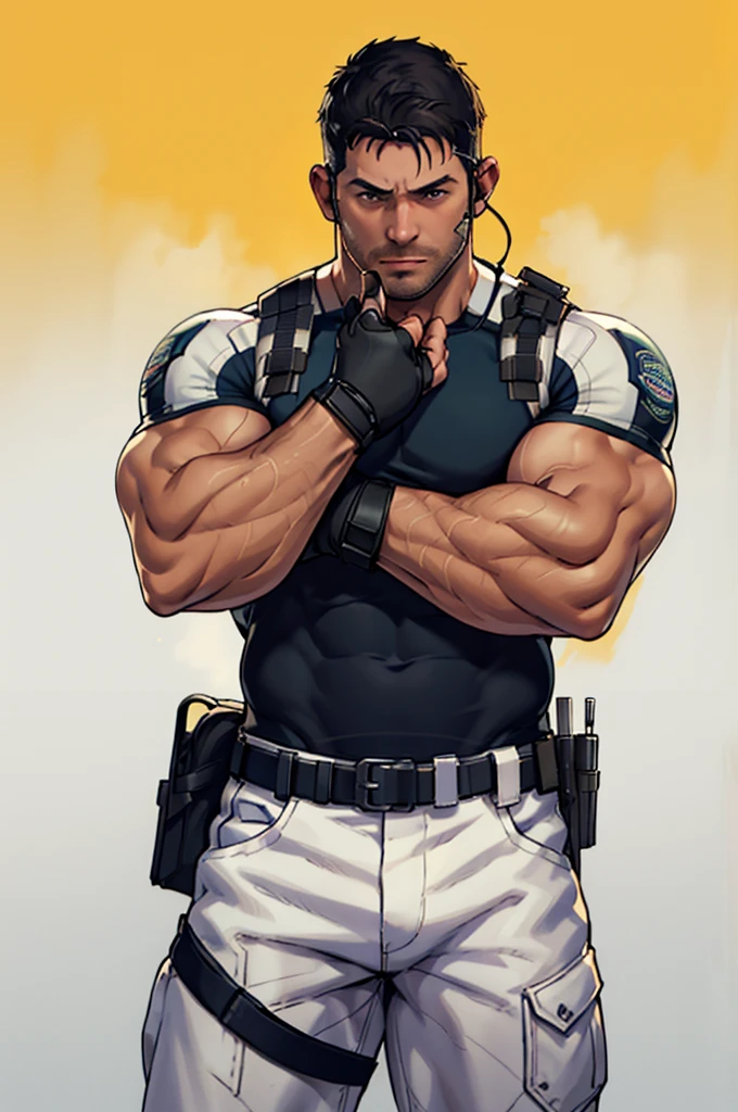 (masterpiece, best quality:1.2), cowboy shot, solo, male focus, 1boy, chris redfield, muscular male, looking at viewer, crossed arms,Hair on the chest
, white pants, (fingerless gloves:1.1), belt